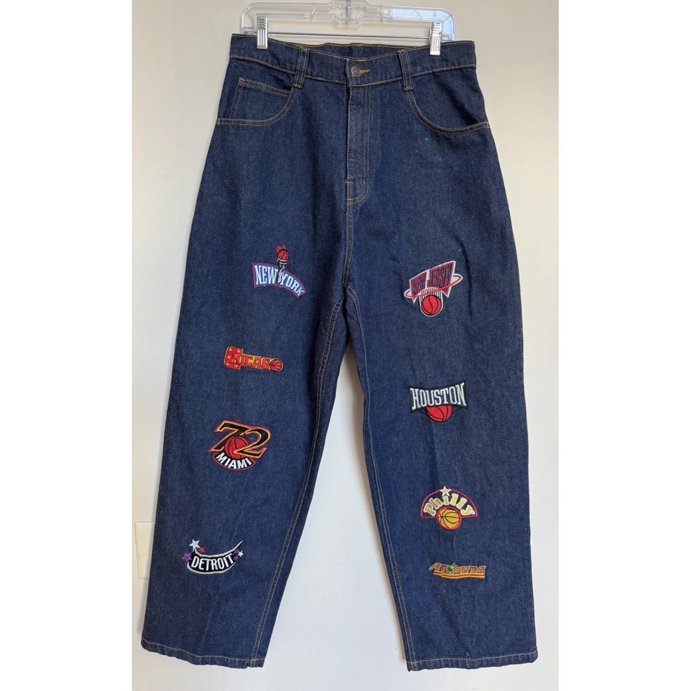 Vtg UNK NBA Teams Embroidered Patches Denim Jeans Mens Streetwear Hip Hop 32x31 - Picture 2 of 12